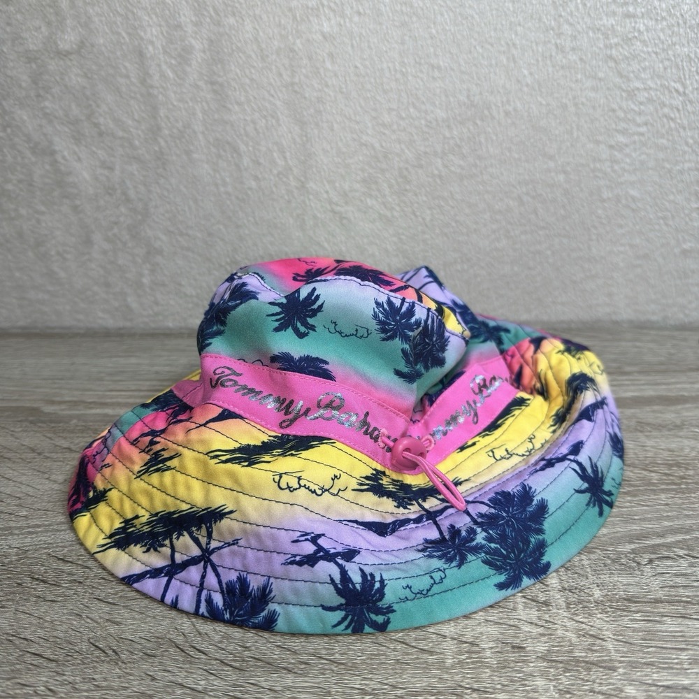 Colorful Tommy Bahama Tropical Palm Tree Logo bucket Hat Draw Sting Youth Sz 5-6